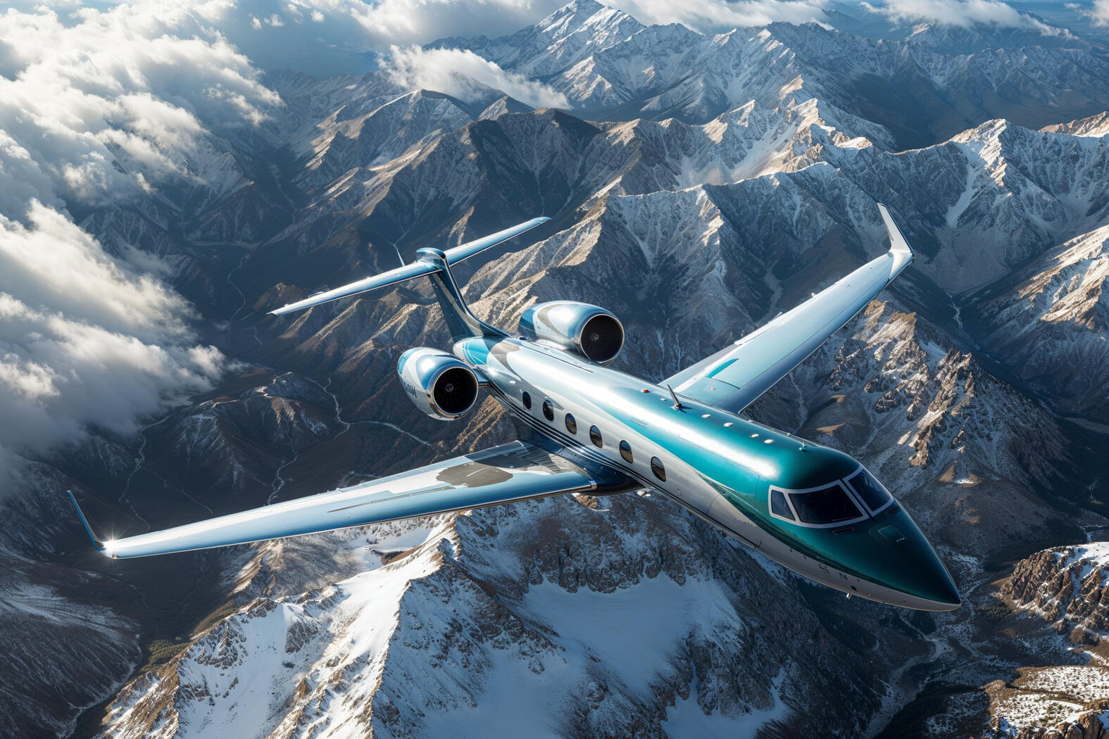Render of private jet soaring over snow covered mountains