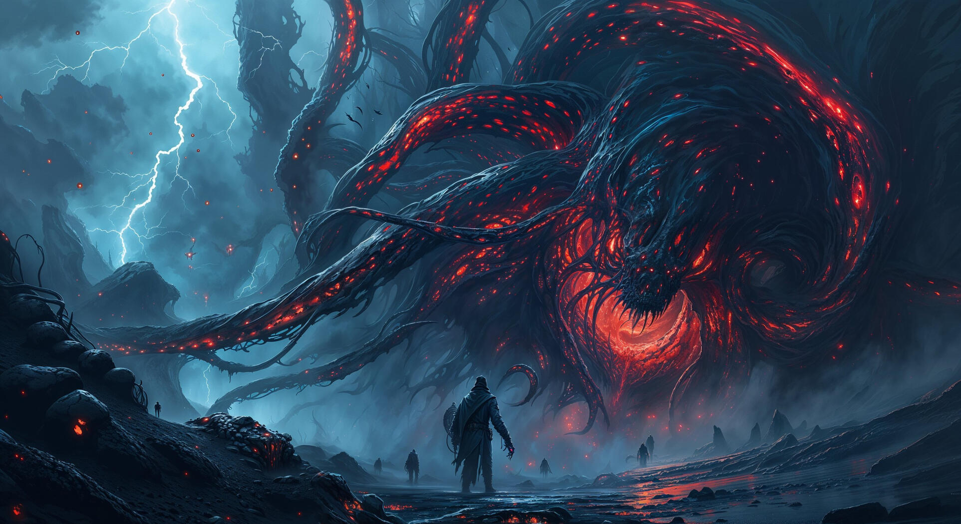 Concept art for battle with beast boss creature